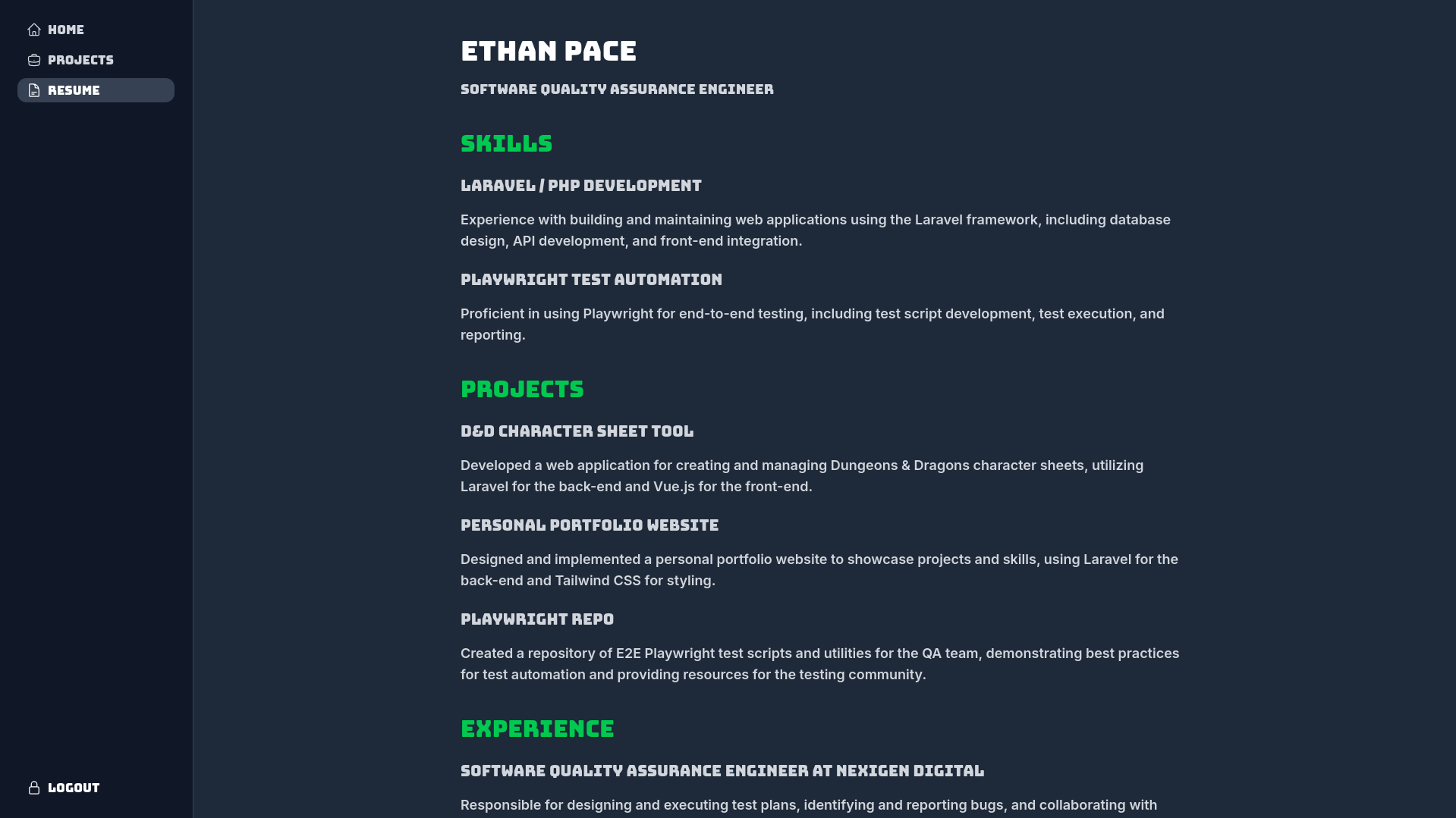 Image of a personal portfolio website