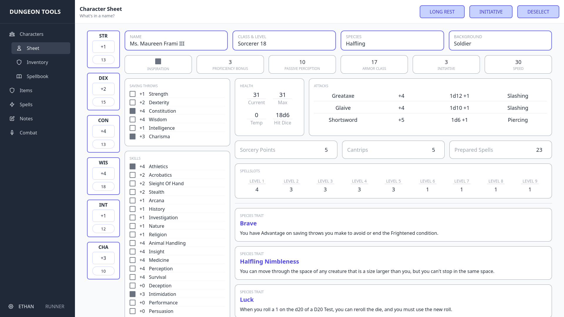Image of a web-based D&D Character Sheet